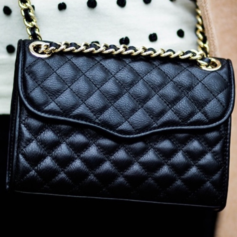 REBECCA MINKOFF BLACK LEATHER QUILTED PURSE 2 WAY SHOULDER CROSSBODY GOLD CHAIN - Picture 3 of 13
